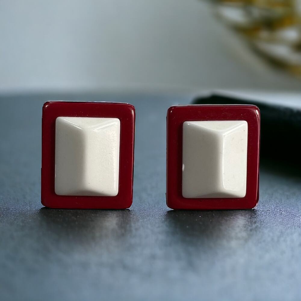 Vintage 1980s Raspberry & White Rectangle Clip-On Earrings Bold Retro Jewelry